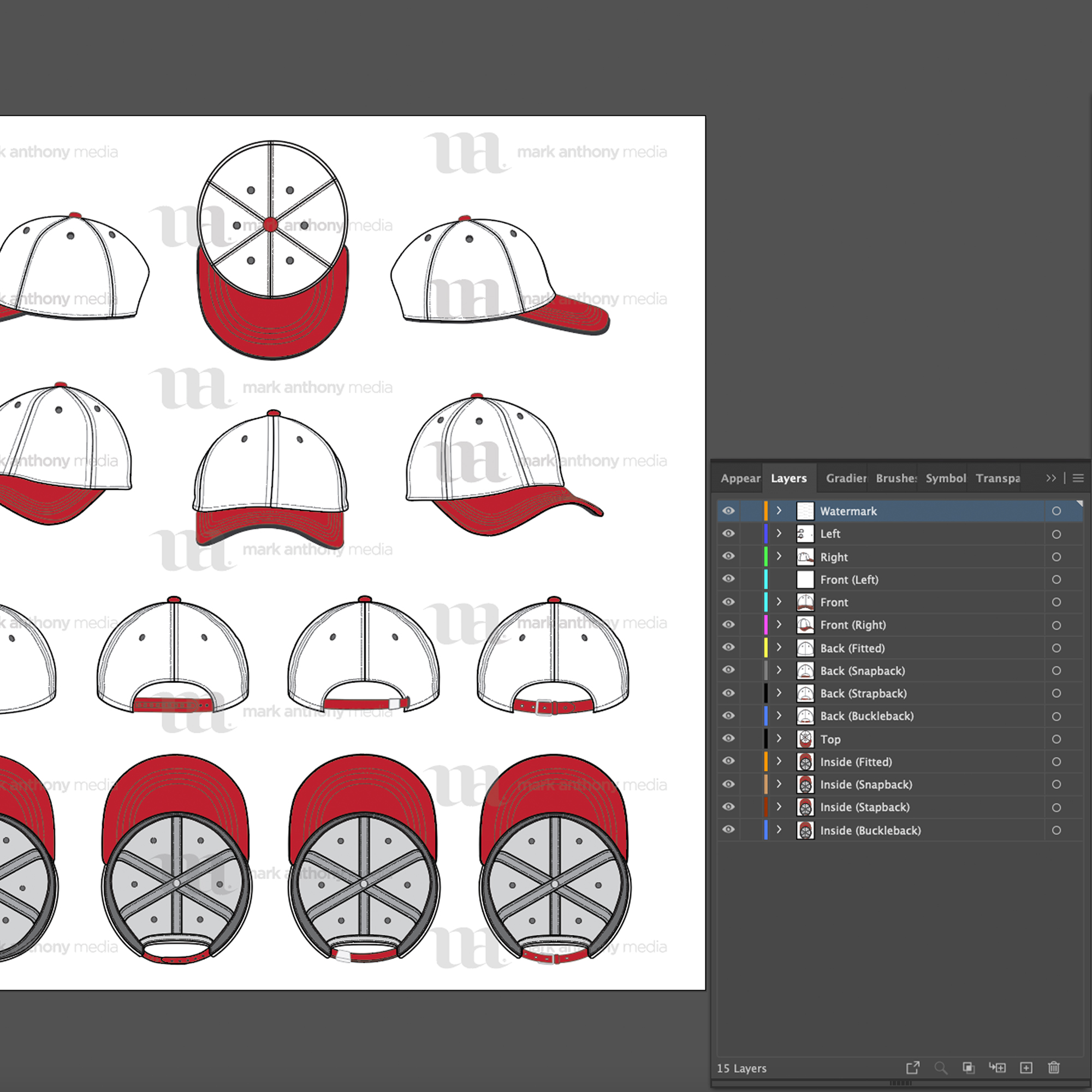 Curved Brim Baseball Cap - Mockup and Template - 8 Angles, Layered, Detailed and Editable Vector ...