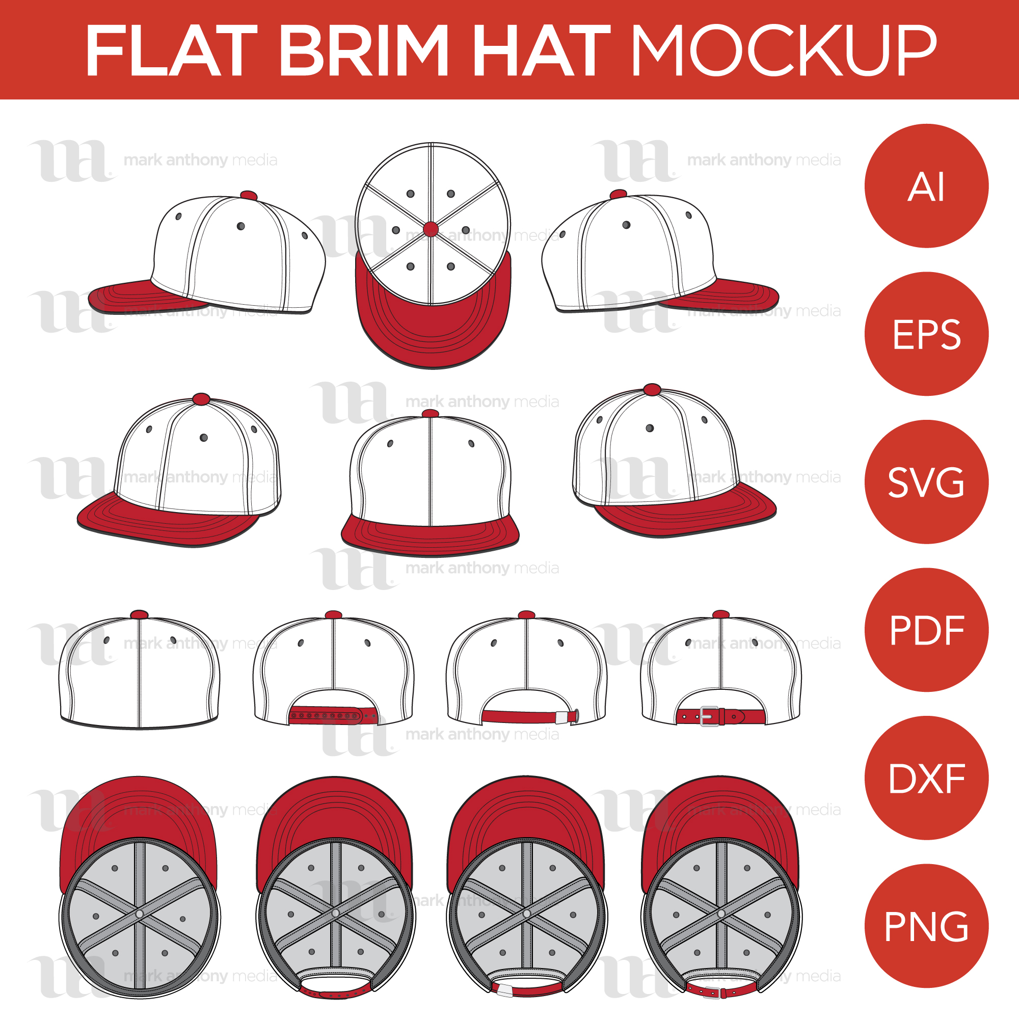Flat Brim Baseball Cap Mockup and Template 8 Angles, Layered