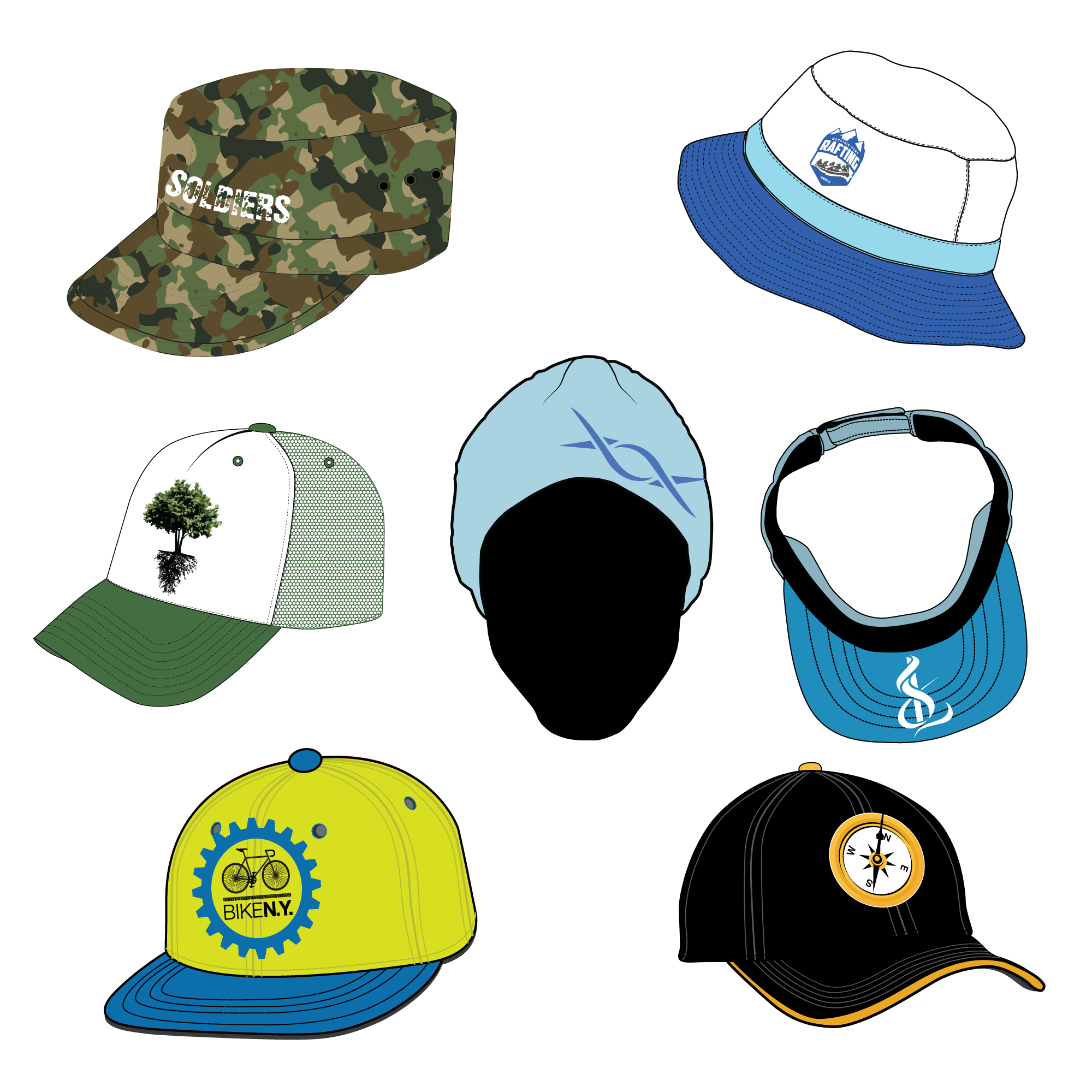Hats/Caps Bundle - Bucket Hats, Curved Brim Hats, Flat Brim Hats, Military Caps, Visor Hats, Trucker Cap, Beanies - Mockup and Template - 76 Hats Total, Multiple Angles, 7 Styles, Layered, Detailed and Editable Vector in EPS, SVG, AI, PNG, DXF and PDF